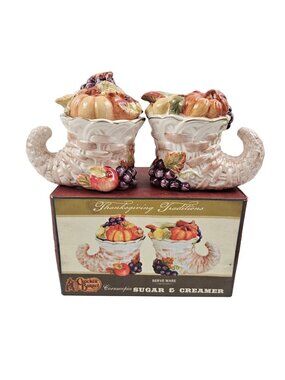 Cracker Barrel Serve Ware Creamer Lidded Sugar Cornucopia Thanksgiving NIB